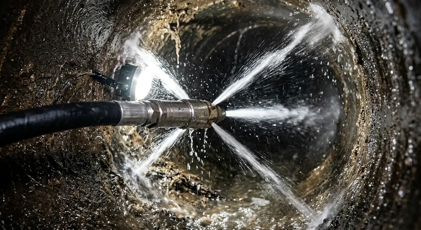 High-pressure hydro jetting nozzle cleaning sewer pipe for Emergency Drain Service in Fountain Inn