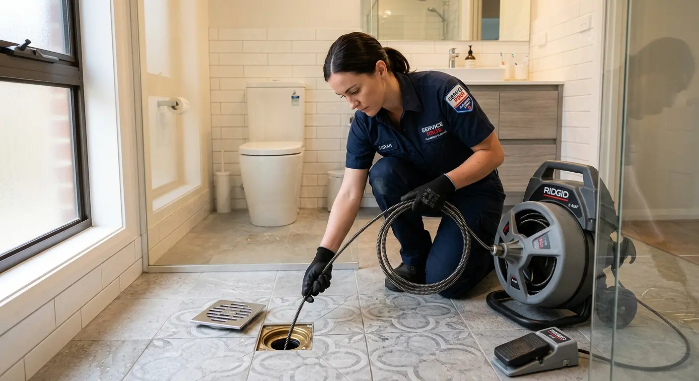 Technician clearing a bathroom floor drain for Clogged Drain Repair in Fountain Inn